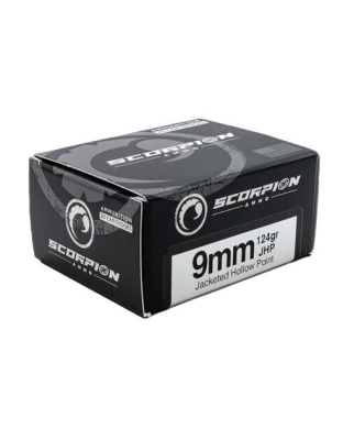 Scorpion Ammo 9 mm Luger 124 Grain Jacketed Hollow Point 20 Rounds 10 Boxes per Case