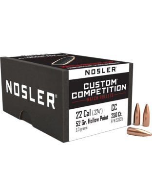 Nosler Bullets 22 Caliber.224 52 Grain Hollow Point Boat Tail Custom Competition. 250 Count
