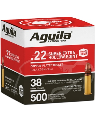 Aguila High-Vel.22 LR 38 Grain Plated Hollow Point 1280 Feet Per Second 500 Rounds 4 Boxes per Case