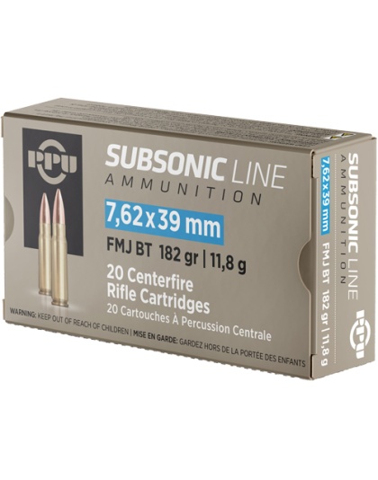 PPU Subsonic 7.62X39 182 Grain Full Metal Jacket 20 Rounds 50 Boxes per Case