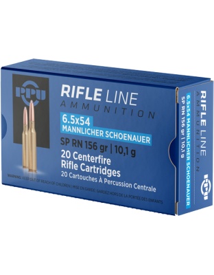 PPU 6.5X54 Mannlicher Shonauer 156 Grain. Jacketed Soft Point-Round Nose 20 Rounds