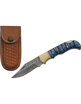 Szco Rite Edge 3" Blue Grooved Wood Damascus Lockback with Sheath
