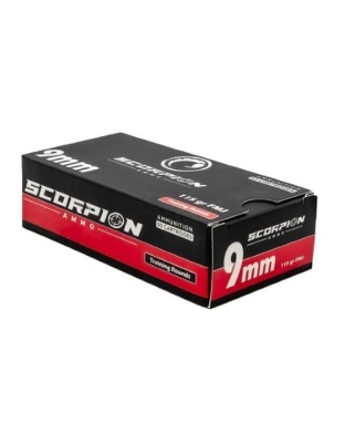 Scorpion Ammo 9 mm Luger 115 Grain Full Metal Jacket-Round Nose 50 Rounds 20 Boxes per Case
