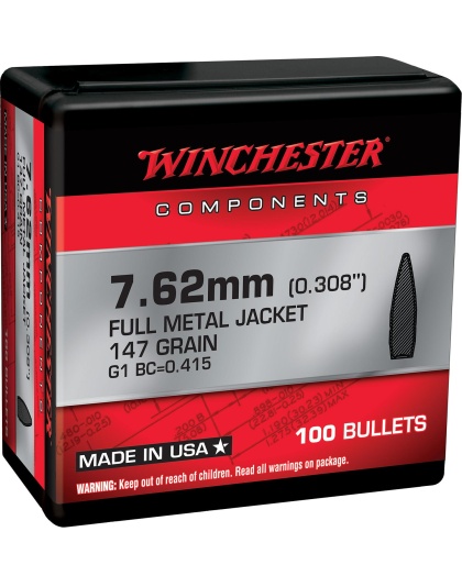 Winchester FMJBT Bullets 7.62mm .308" 147gr 100/ct